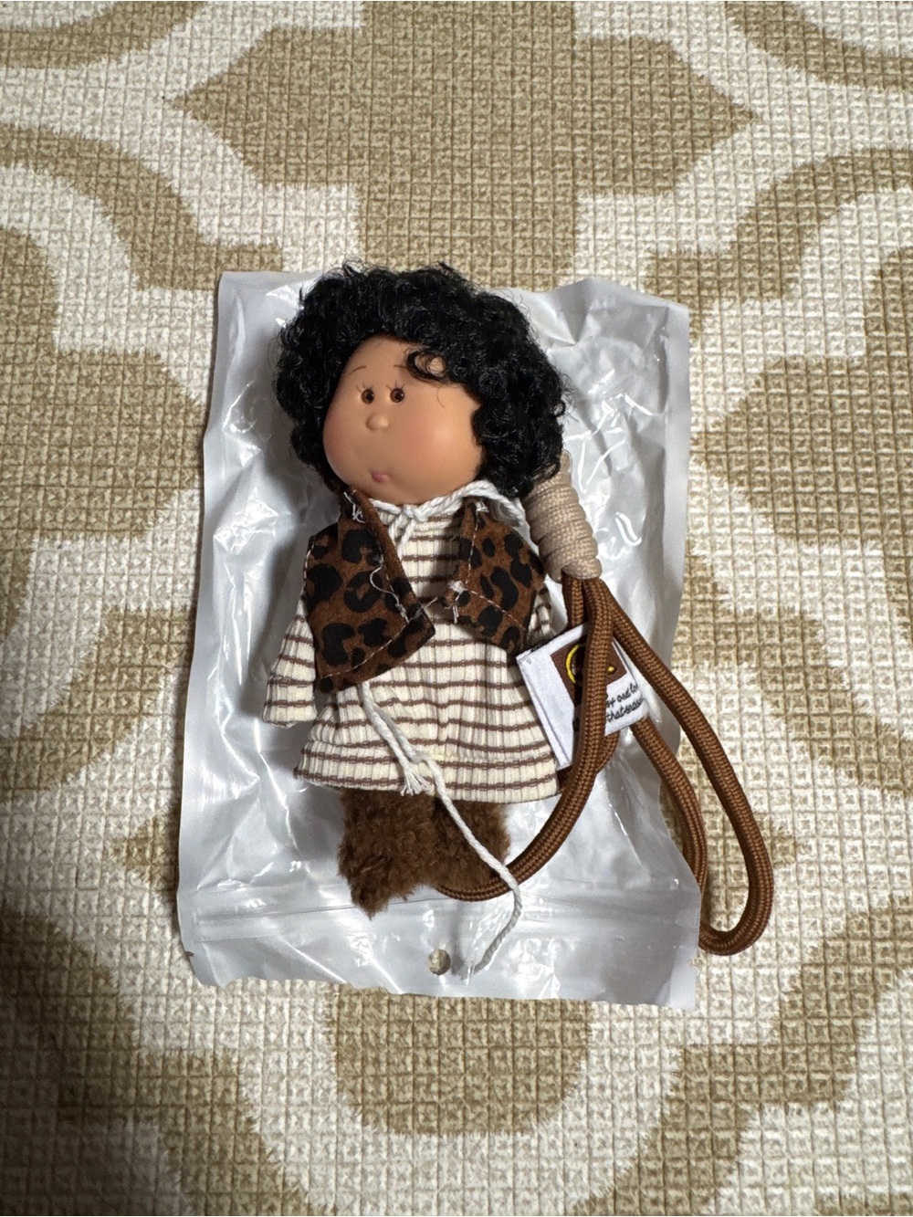 Potato girl doll bag charm Keychain with leopard print vest and striped shirt